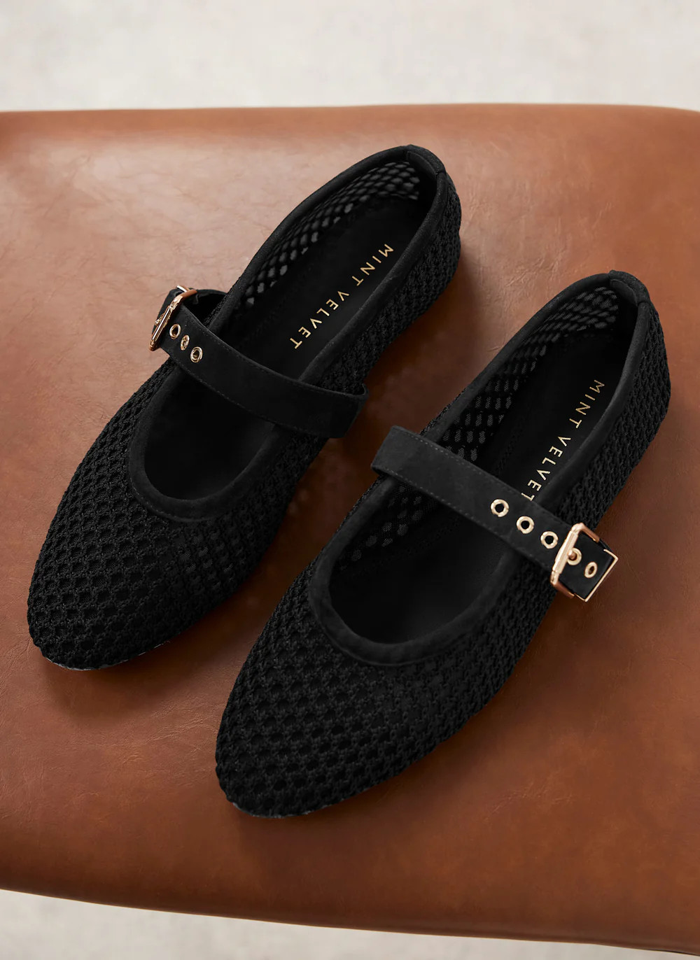 Trixie Black Mesh Ballet Flat Pumps | Mint Velvet