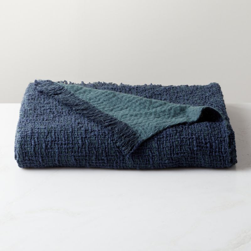 Arden Navy Blue and Faded Teal Solid Cotton and Wool Throw Blanket | CB2 | CB2