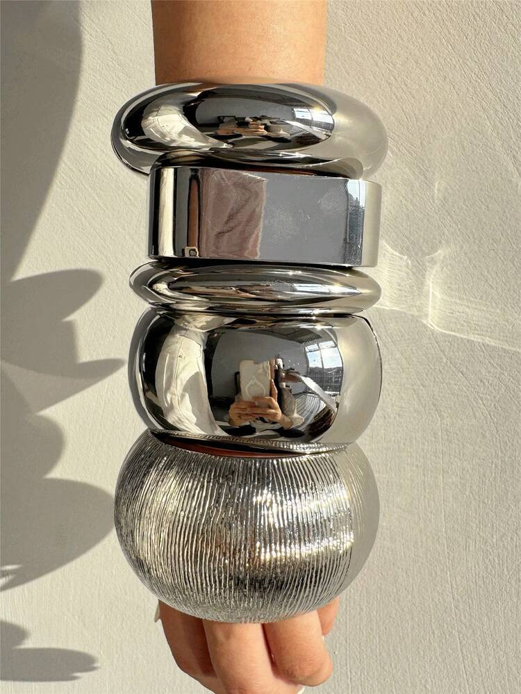 Exaggerated Punk Asymmetrical Geometric Chunky Bracelets,Sliver Color Wide Massive Autumn Winter ... | SHEIN