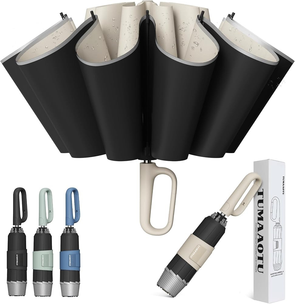 QWB TUMAAOTU Inverted Umbrella with Carabiner Handle, Wind Proof Umbrellas For Rain and Sun, 46 I... | Amazon (US)