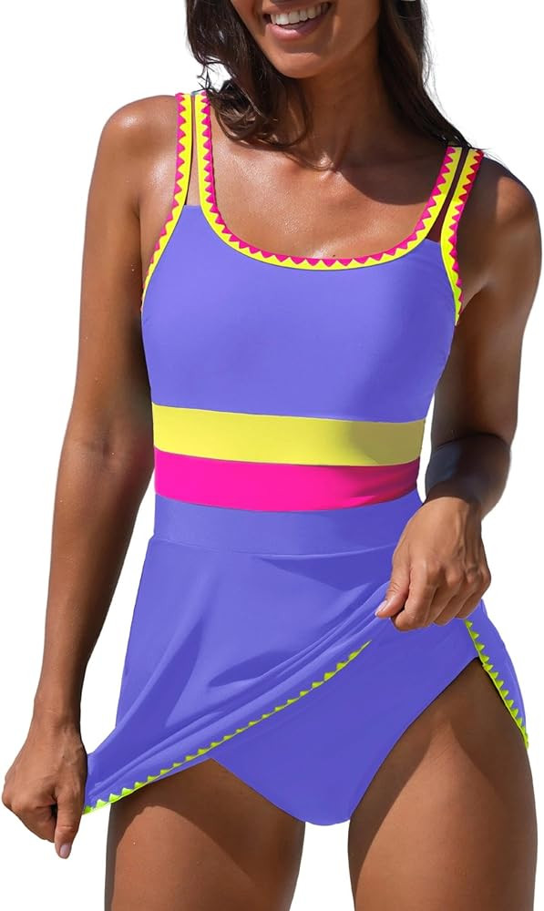 popvil Women One Piece Swimsuit 2026 Tummy Control Bathing Suit Neon Modest Swim Dress with Skirt... | Amazon (US)