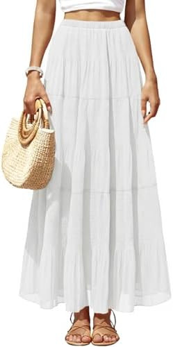 Yewanka Women's Chiffon Pleated Maxi Skirt Elastic High Waisted Boho A-Line Fall Flowy White Long... | Amazon (US)