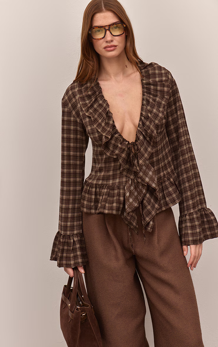 Brown Check Print Ruffle Blouse | PrettyLittleThing UK