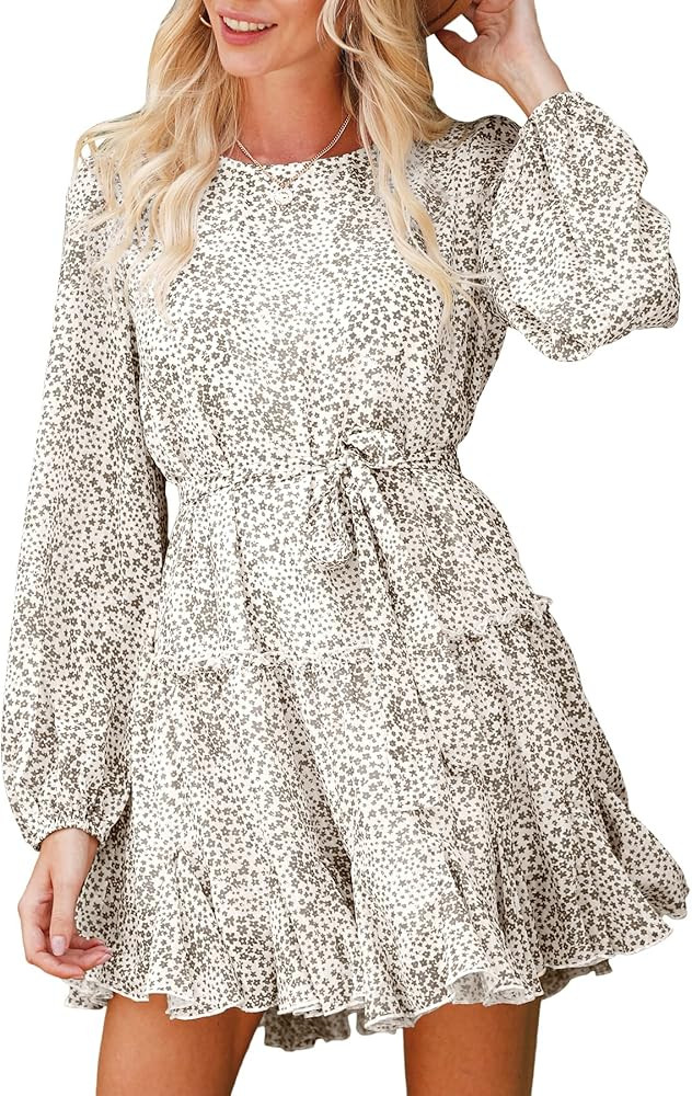 ANRABESS Women's Long Sleeve Crewneck Floral Mini Dress Ruffle Hem Flowy Swing A-Line Chiffon Sho... | Amazon (US)
