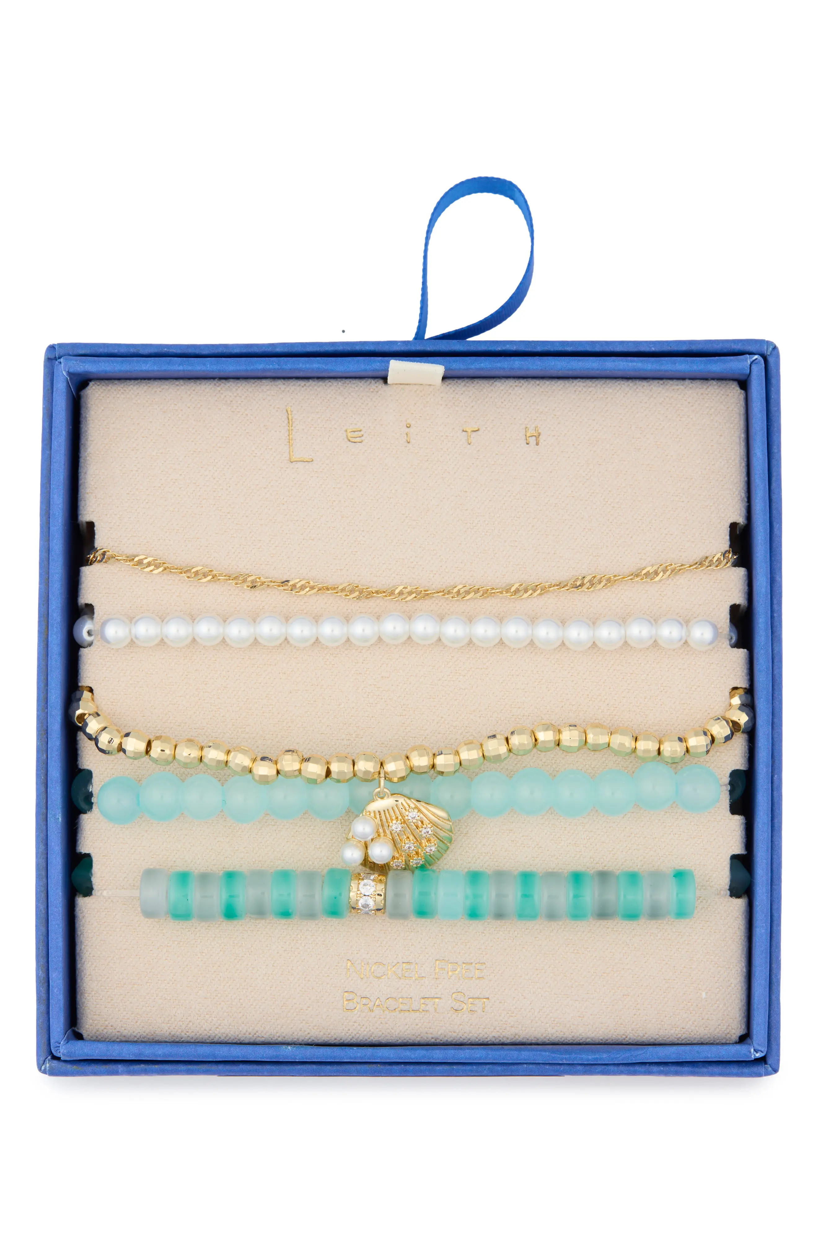 Leith 5-Pack Beaded Shell Bracelet Set in Blue Multi- Gold at Nordstrom Rack | Nordstrom Rack