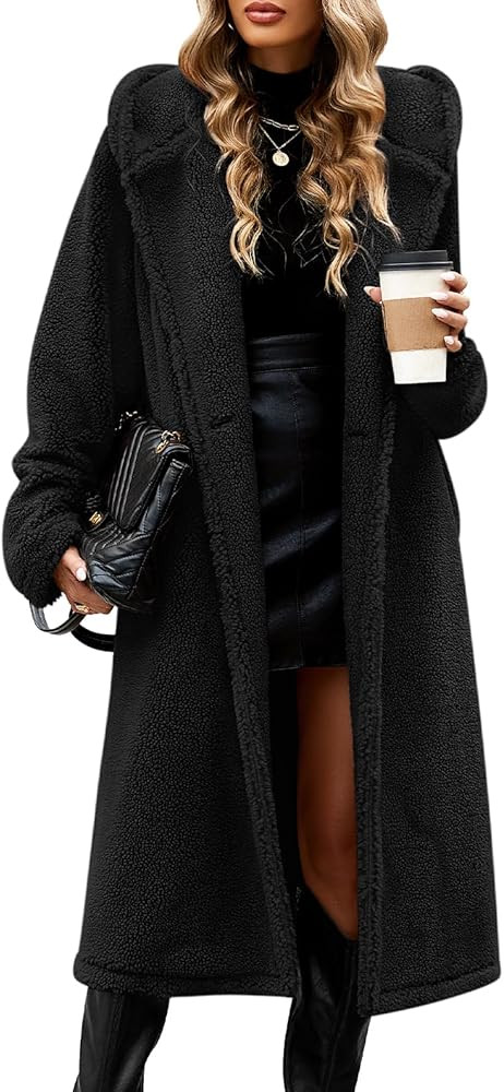 Women's Fuzzy Fleece Hooded Coat Winter Oversize Long Cardigan Jacket Warm Faux Fur Outwear with ... | Amazon (US)