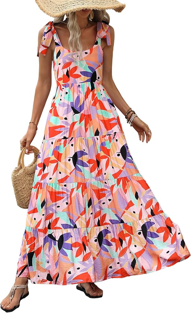 PRETTYGARDEN Women Dresses 2025 Summer Floral Sleeveless Maxi Dress Casual Spaghetti Strap Tiered... | Amazon (US)