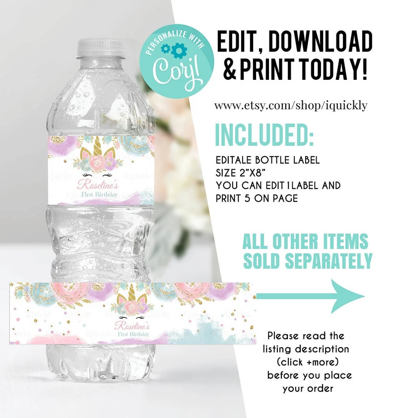 EDITABLE Unicorn Bottle Water Labels Unicorn Baby Shower | Etsy | Etsy (US)