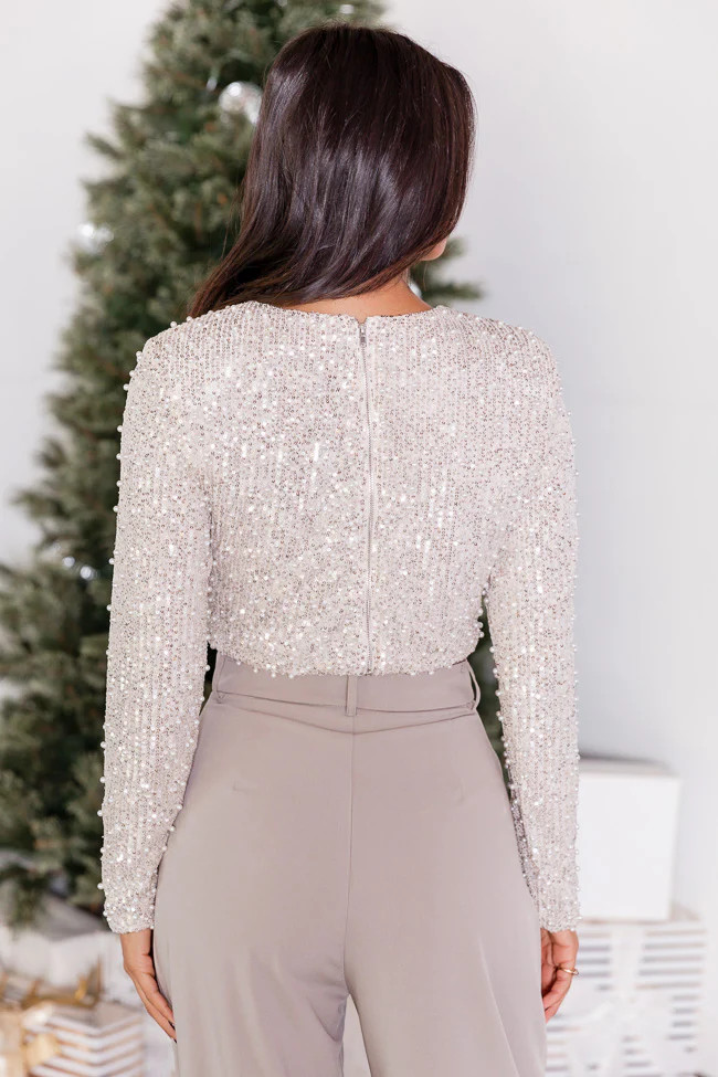 In Good Spirits Beige Pearl And Sequin Embellished Crop Blouse | Pink Lily