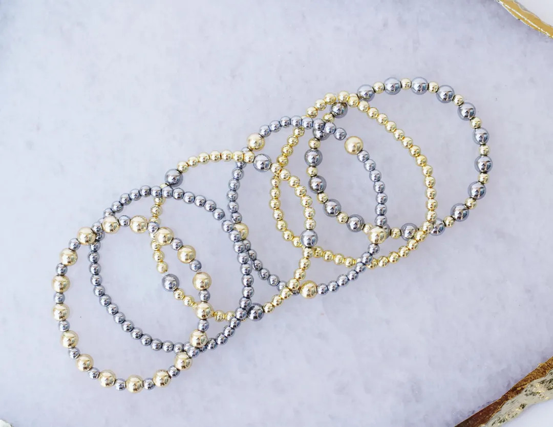 Mixed Metal Stacking Bracelets | Gold and Silver Bead Bracelet | Beaded Bracelets | Gold Bead Bra... | Etsy (US)