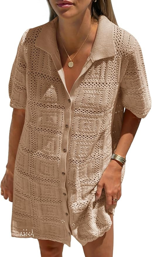 Saodimallsu Womens Crochet Swimsuit Cover Up Dress Short Sleeve Button V Neck Knit Summer Beach V... | Amazon (US)