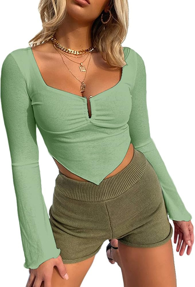 Avanova Women's Long Sleeve Knit Ribbed Crop Top Ruched Front Square Neck Asymmetrical Hem Tees S... | Amazon (US)