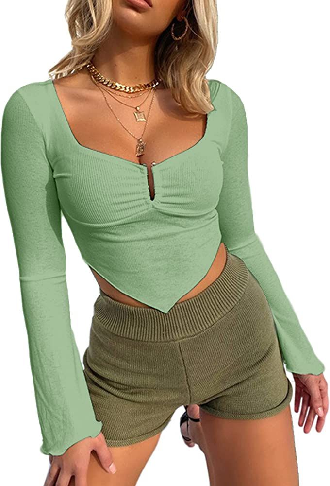 Avanova Women's Long Sleeve Knit Ribbed Crop Top Ruched Front Square Neck Asymmetrical Hem Tees S... | Amazon (US)