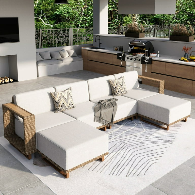 MF Studio 6-Piece Wicker Patio Furniture Set, Outdoor Sectional Conversation Sofa with 2 Ottomans... | Walmart (US)