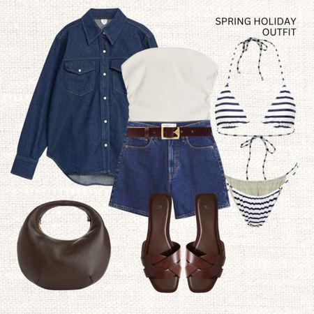 Spring holiday outfit 🏝️ 

Read the size guide/size reviews to pick the right size. 

Leave a 🖤 to favorite this post and come back later to shop. 

Spring Outfit Inspiration, Spring Style, Wardrobe Staples, Beach Wear, Holiday Packing Inspiration, Denim Shirt, Denim Shorts, Striped Bikini, Swimwear, Braided Sandals, Round Bag 

#LTKSeasonal #LTKswim #LTKstyletip