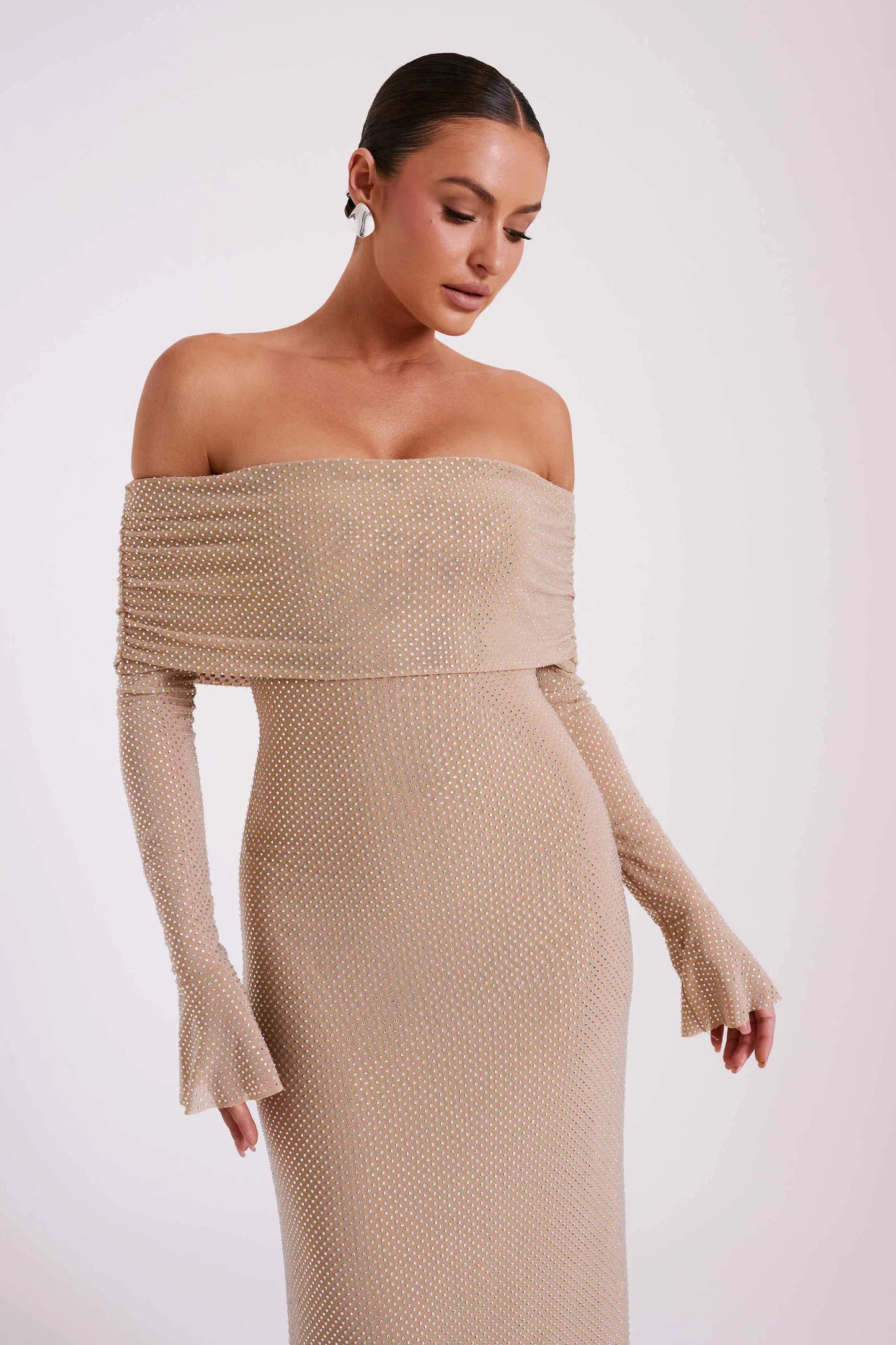 Marcel Off Shoulder Diamante Maxi Dress - Nude | MESHKI US