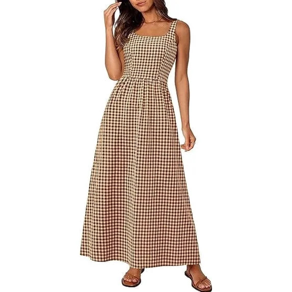 PRETTYGARDEN Women's Summer Spaghetti Strap Maxi Dresses Plaid Square Neck A Line Casual Beach Va... | Walmart (US)