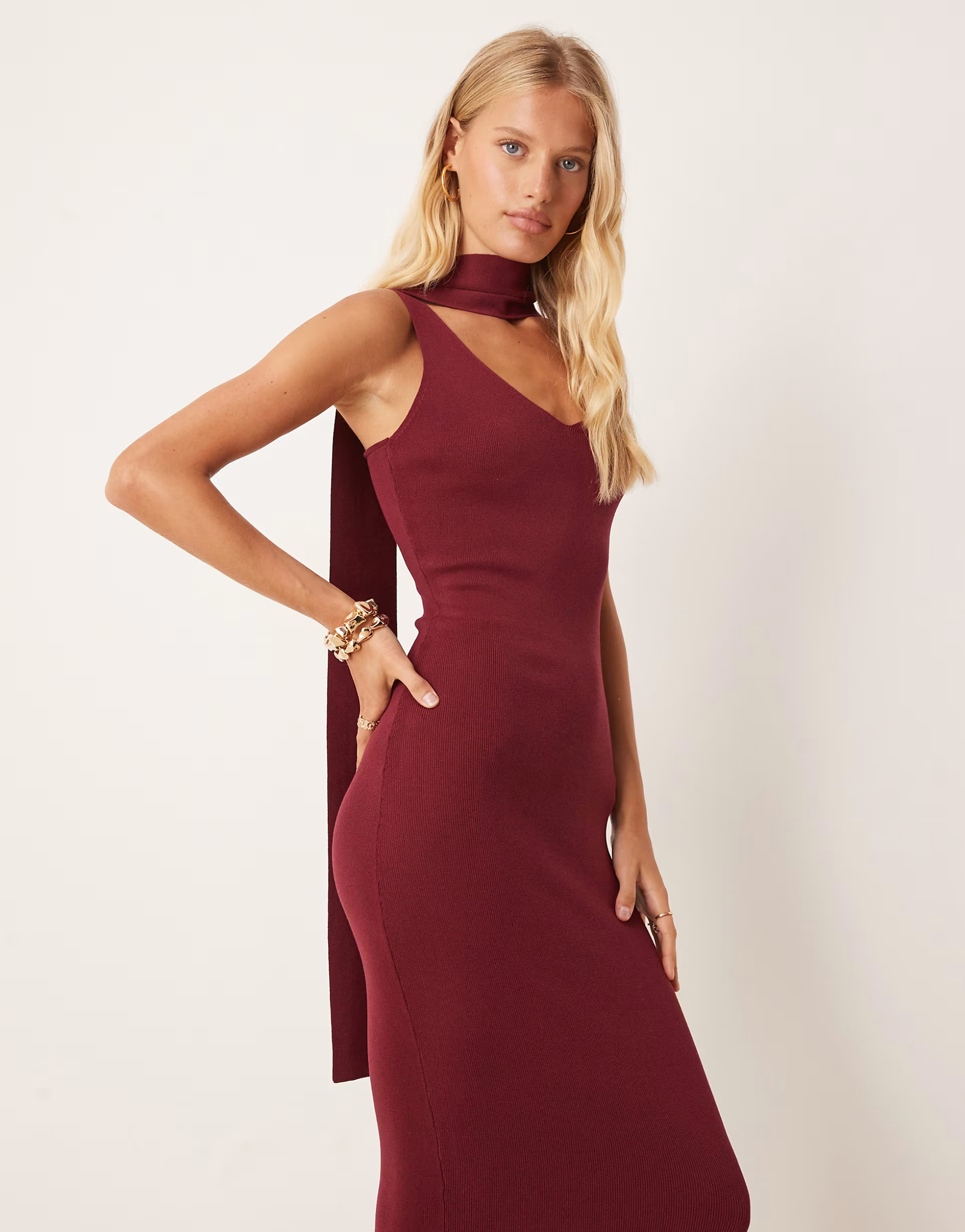 Pretty Lavish scarf neck knit maxi dress in burgundy | ASOS (Global)