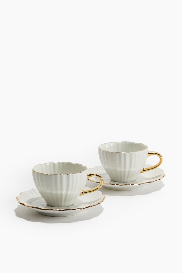 2-pack Porcelain Espresso Cups with Saucers - White/gold-colored - Home All | H&M US | H&M (US + CA)