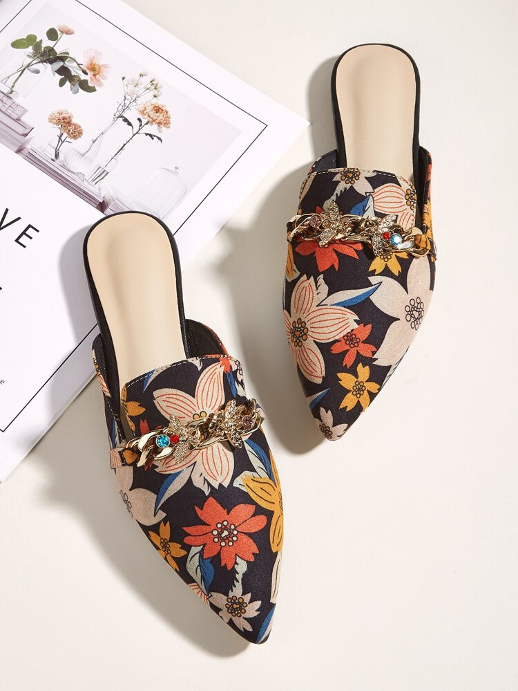 Metal Bee Decor Floral Flat Mules | SHEIN