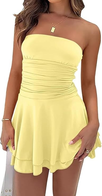 Women 2025 Summer Strapless Tube Dress Sexy Off Shoulder Ruffle Tiered Flowy Mini Dresses Vacatio... | Amazon (US)