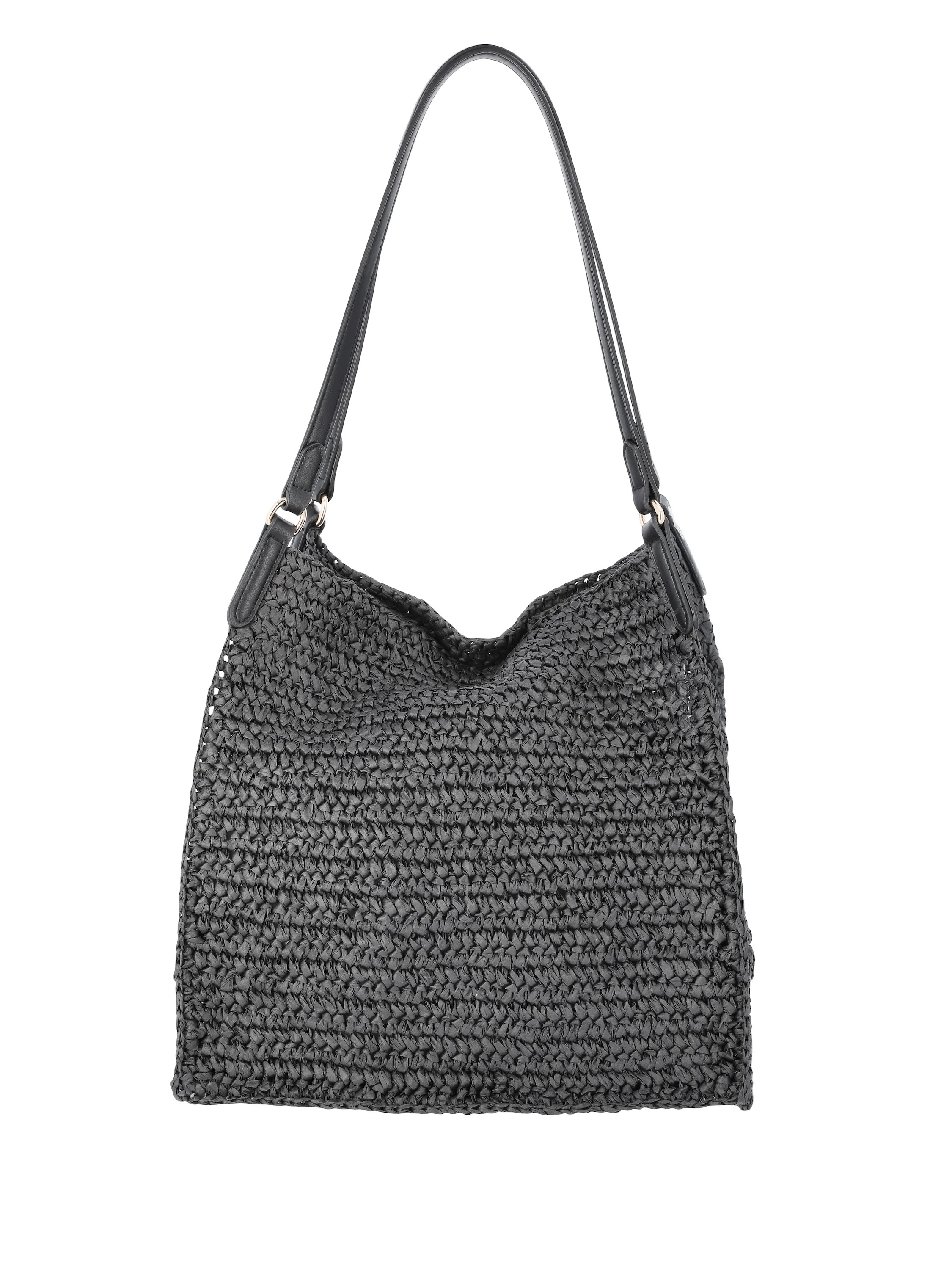 Time and Tru Women's Packable Straw Tote, Black | Walmart (US)