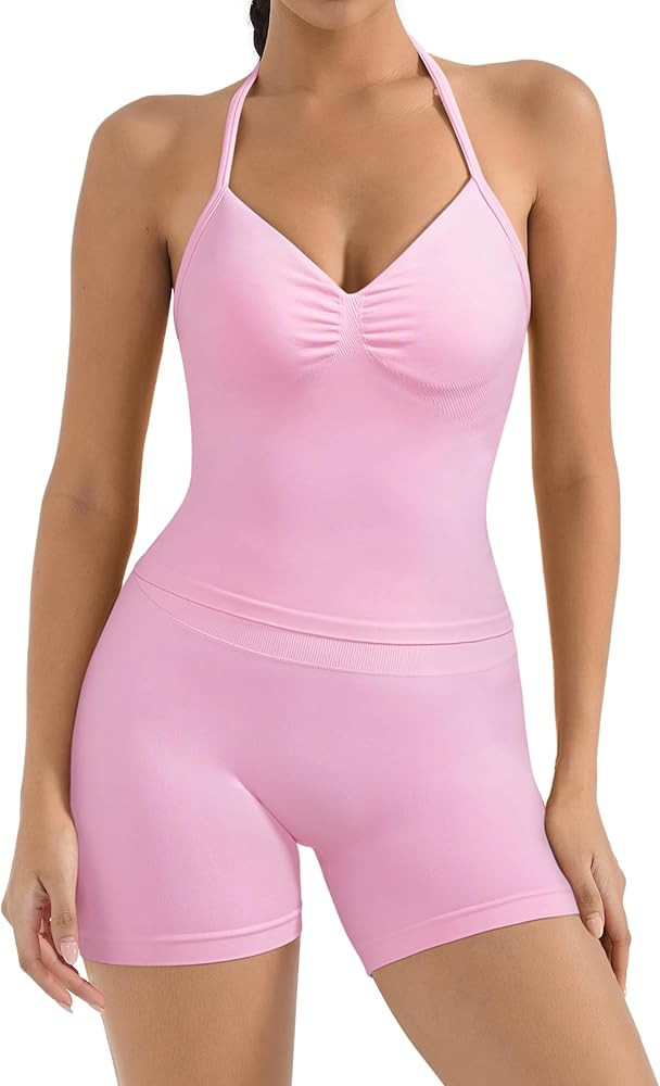 SUUKSESS Women 2 Piece Seamless workout Sets Halter Backless Impact Longline Strappy Tank Top Spo... | Amazon (US)