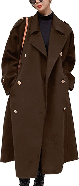 chouyatou Women's Winter Double Breasted Midi Long Wool Pea Coat Notch Lapel Winter Trench Coat | Amazon (US)
