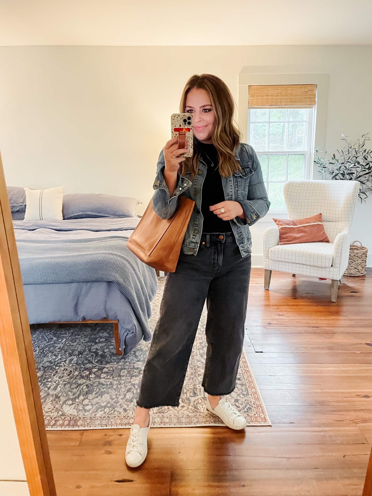 Easy monochromatic outfit.  Wearing 25p in the jeans, XXS in denim jacket, XS in tee, medium transport tote. Shoes go down half a size! Jeans, bag and jacket are all 25% off.  Use code 15CORI for 15% off shoes