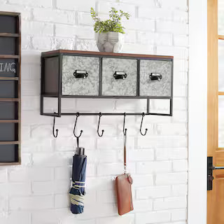 StyleWell 15 in. H x 22 in. W x 9 in. D Wood, Black and Galvanized Metal Wall Organizer with 3 Cu... | The Home Depot