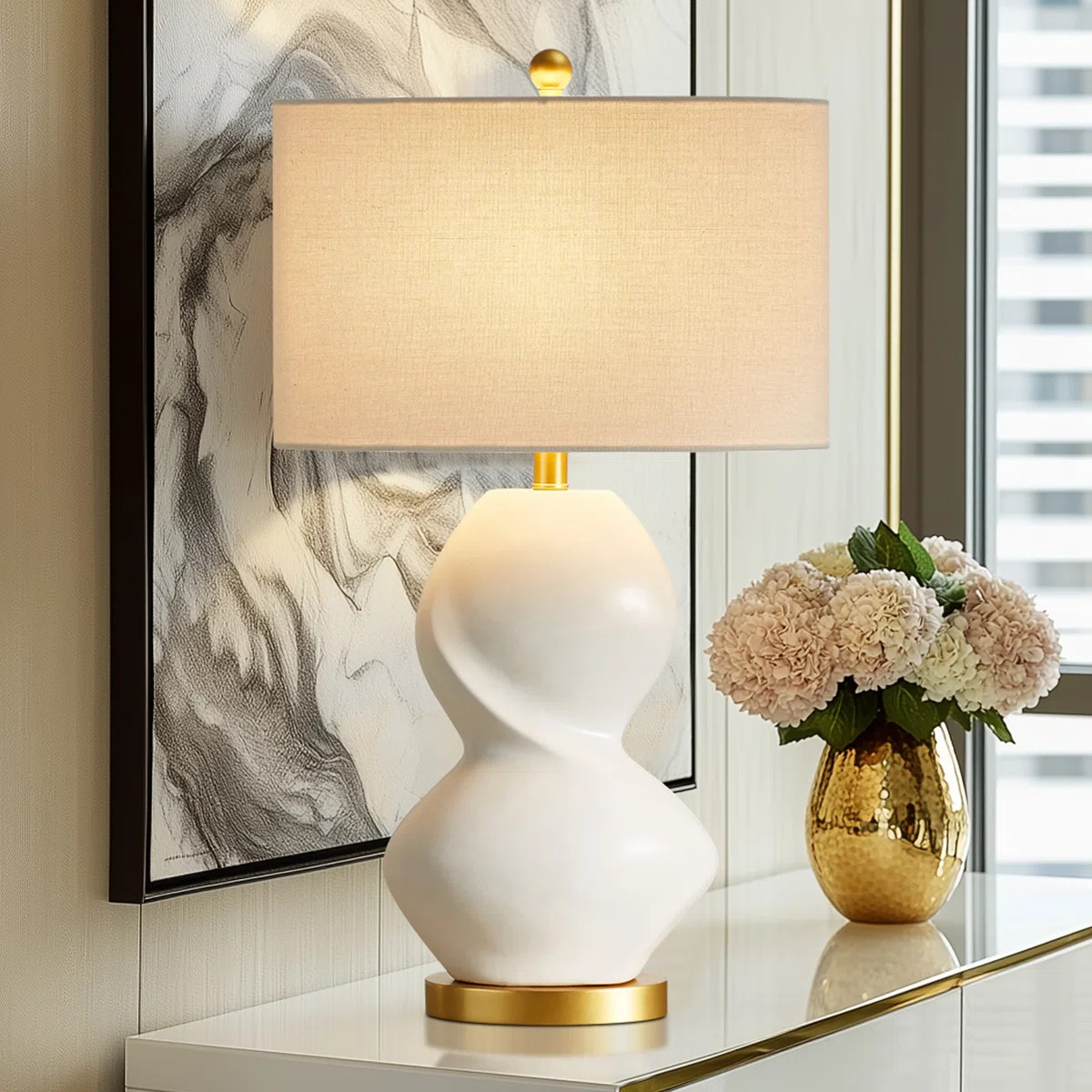 28.5"White Ceramic Gourd Table Lamp With Golden Base | Wayfair North America