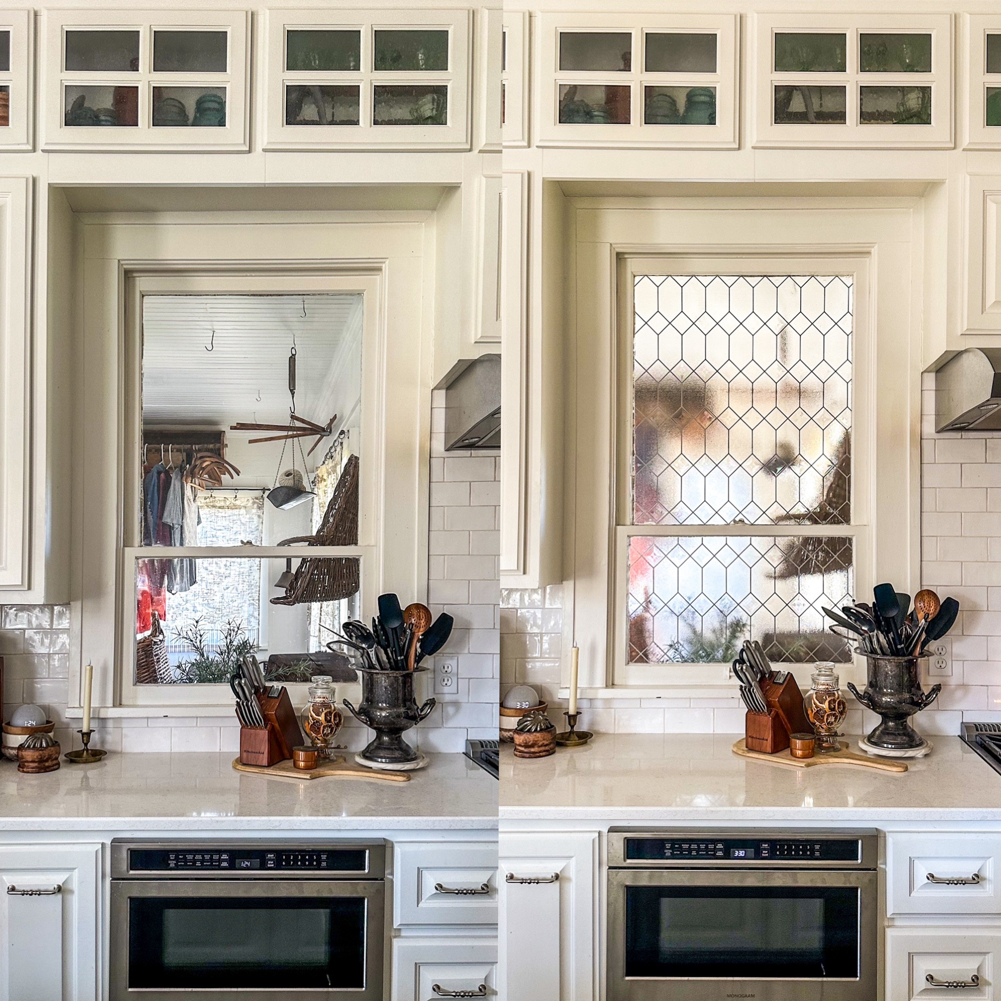 Before and after: this window film is quickly becoming my favorite find! I have it on the windows in my primary bathroom and now on the window looking from my kitchen into the laundry room. I love how it adds a touch of privacy while still letting the light in all with an old world English vibe.

#LTKhome
