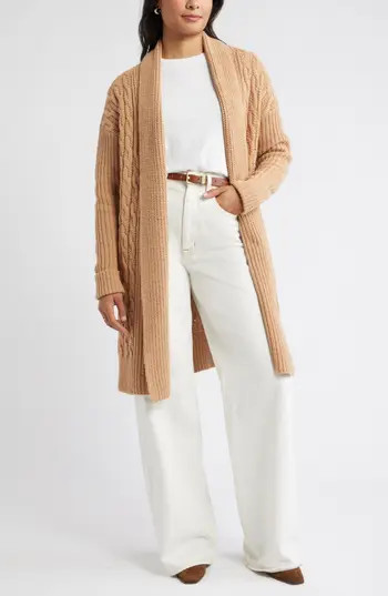 Caslon® Cable Longline Open Front Cardigan in Tan Camel Dark Heather at Nordstrom Rack, Size Small | Nordstrom Rack