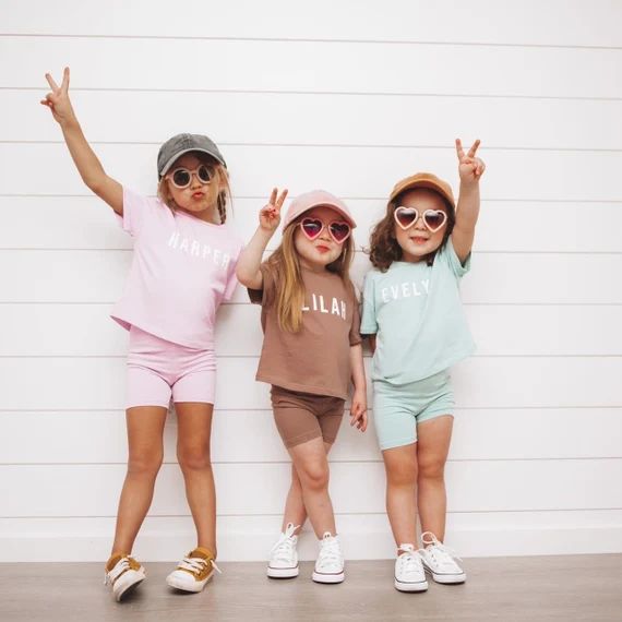 Custom Personalized Toddler Girls Biker Shorts + Tee Tshirt Outfit | Neutral Boho Spring Summer | Etsy (US)