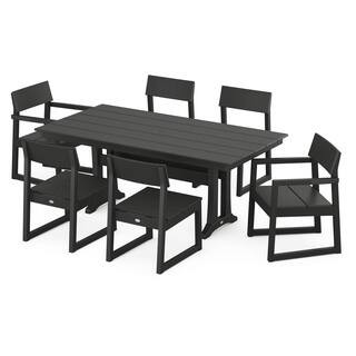 POLYWOOD Edge Black 7-Piece Farmhouse Trestle Plastic Rectangle Outdoor Dining Set | The Home Depot