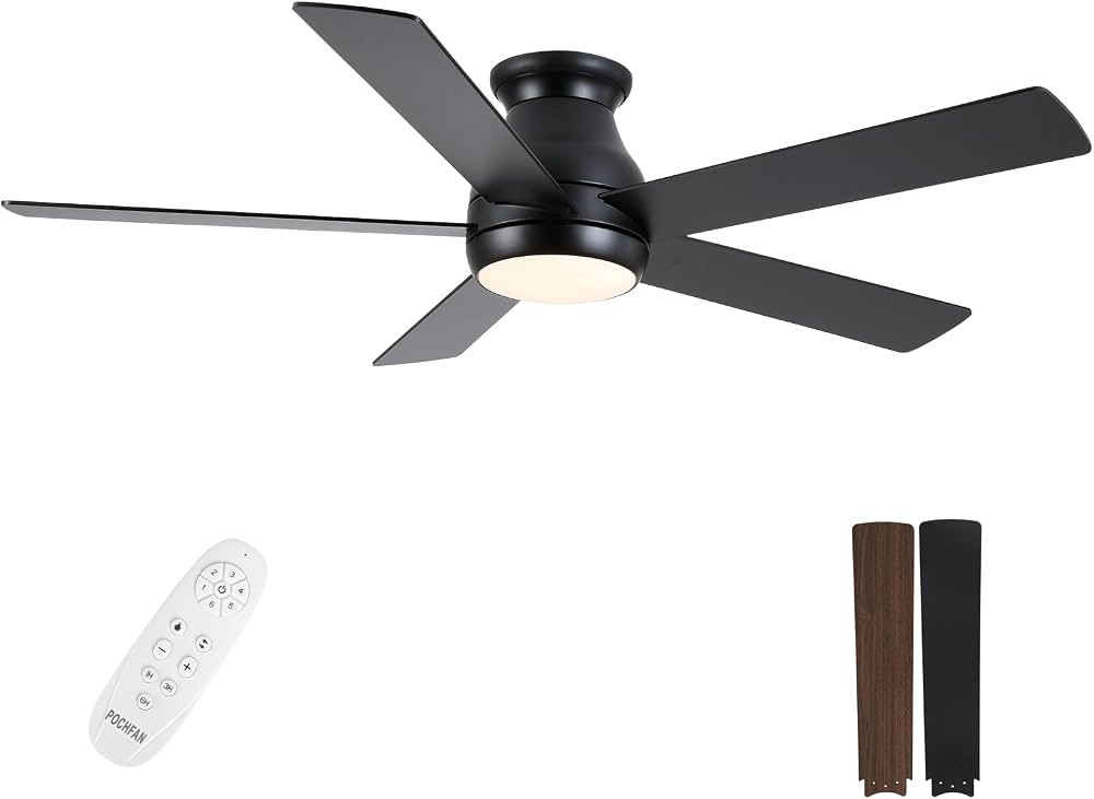 POCHFAN 52 Inch Ceiling Fans With Lights and Remote, LED Flush Mount Black Ceiling Fan with Quiet... | Amazon (US)