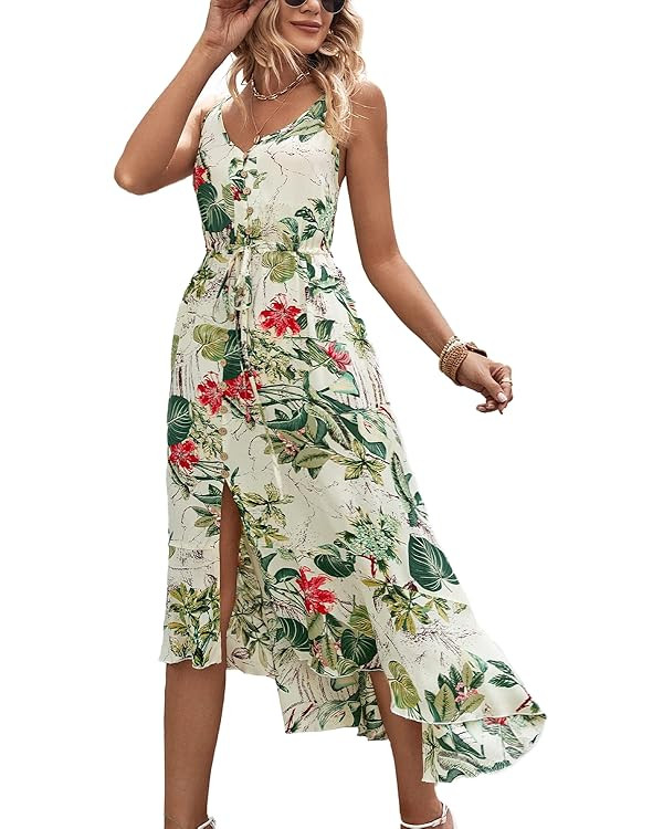 BROVAVE Women's 2024 Summer Casual Boho Sundress Polka Dot Spaghetti Strap V Neck Flowy Midi Dres... | Amazon (US)