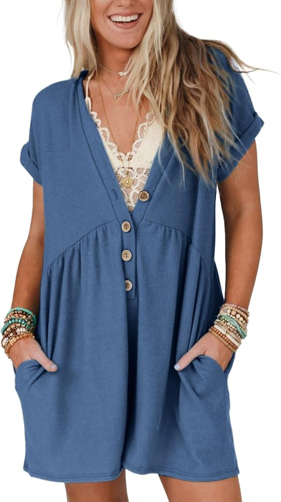 Glamaker Women's Summer Short Sleeve Romper Casual V Neck Wide Leg Short Jumpsuit Button Beach Ro... | Amazon (US)