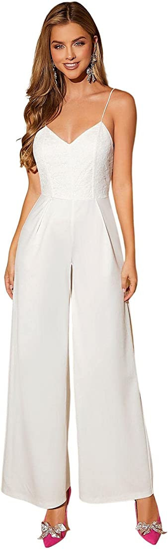 WDIRARA Women's Contrast Lace Backless Cami Romper Sleeveless Wide Leg Jumpsuit | Amazon (US)