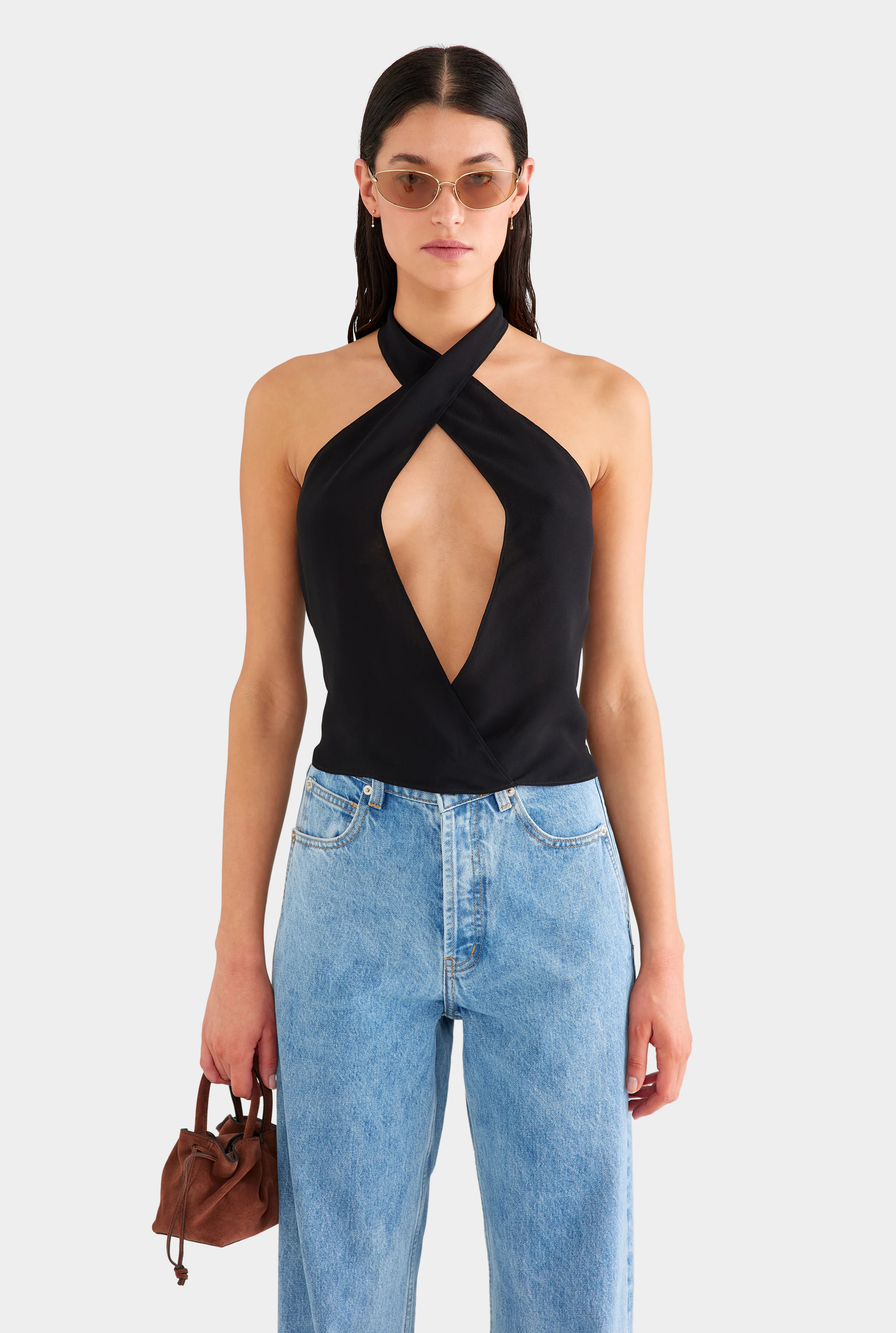 Womens Cross Front Silk Scarf Top in Black | Venroy | Venroy AU