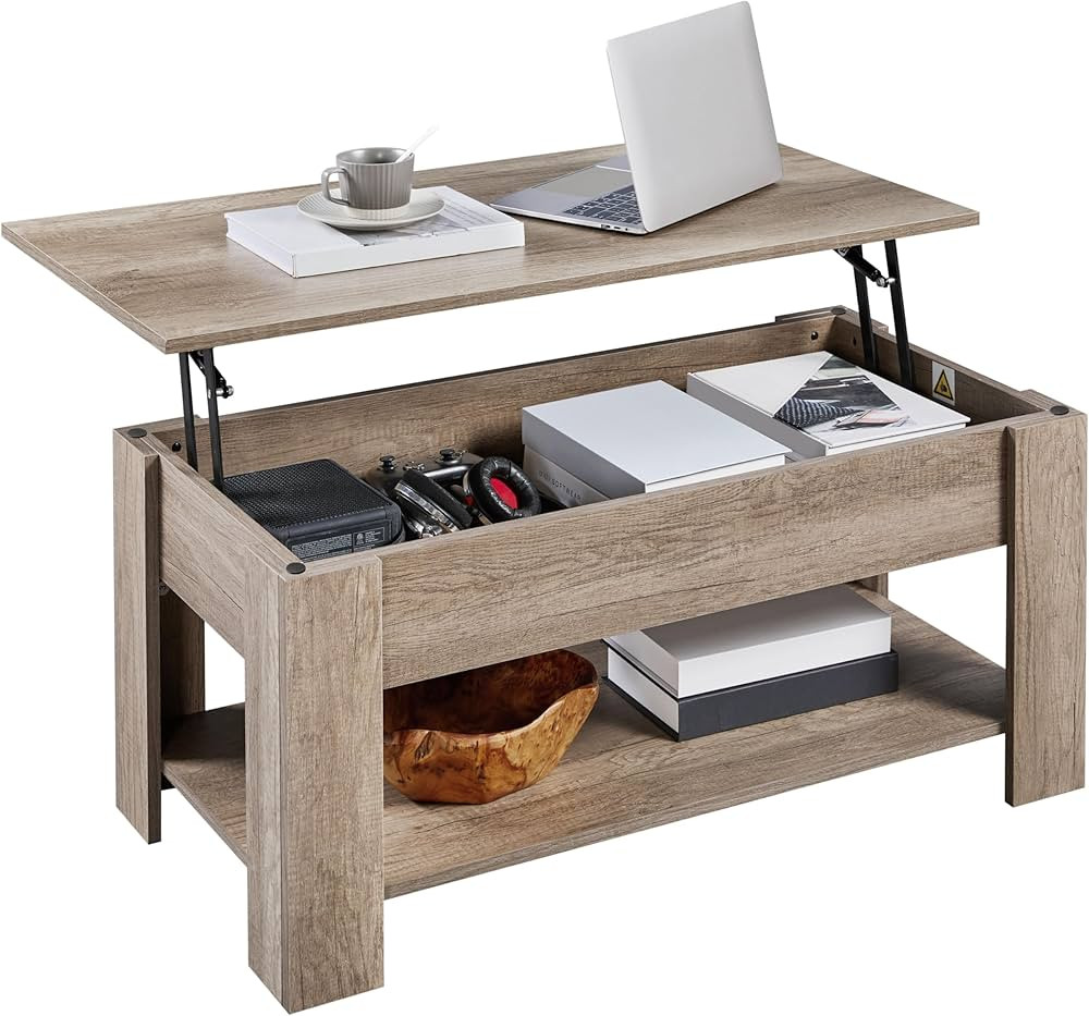 Yaheetech Lift Top Coffee Table with Hidden Compartment and Storage Shelf, Rising Tabletop Dining Table for Living Room Reception Room, 38.6in L, Grey | Amazon (US)