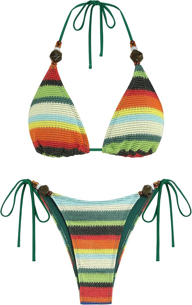 ZAFUL Women's Bikini Sets Beads Triangle Swimsuits 2 Piece String High Cut Cheeky Bathing Suits | Amazon (US)
