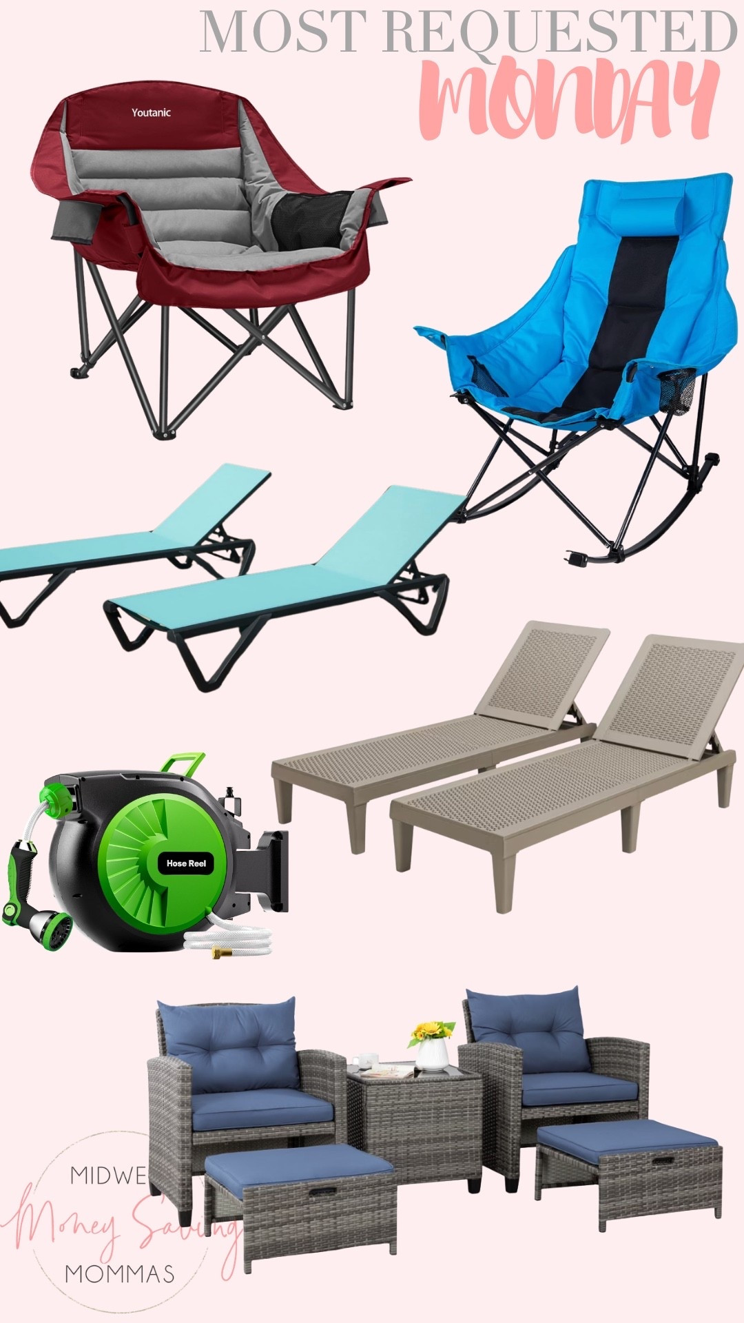 Most requested Monday 

Most requested links  camping chair  rocking chair  chaise lounge chairs  patio chairs  outdoor furniture hose reel  home

#LTKHome #LTKmomlife #LTKSeasonal