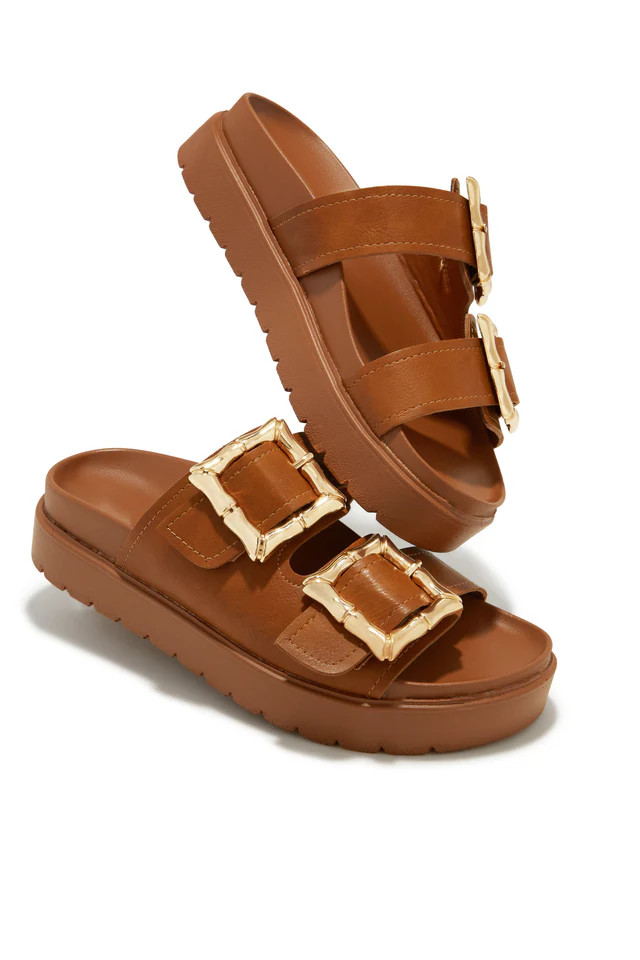 Miss Lola | Arani Tan Chunky Slip On Sandals | MISS LOLA