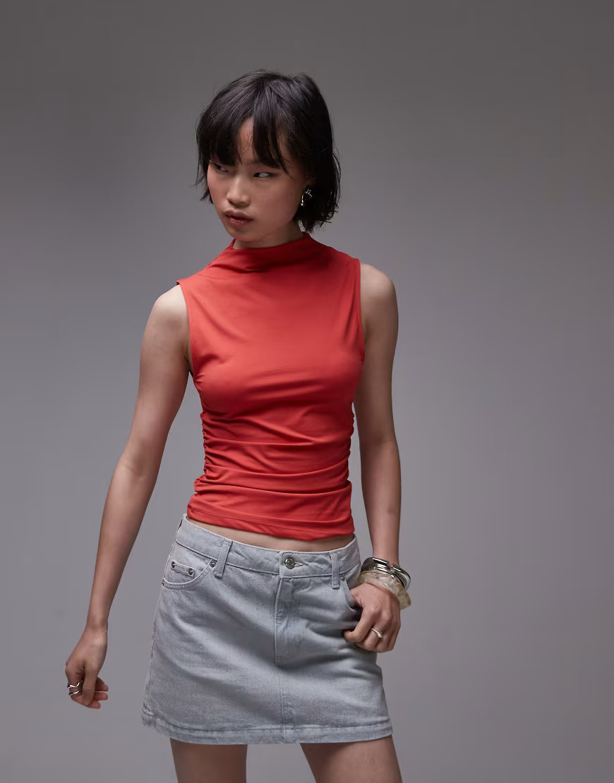 Topshop jersey funnel neck sleeveless top in red | ASOS (Global)