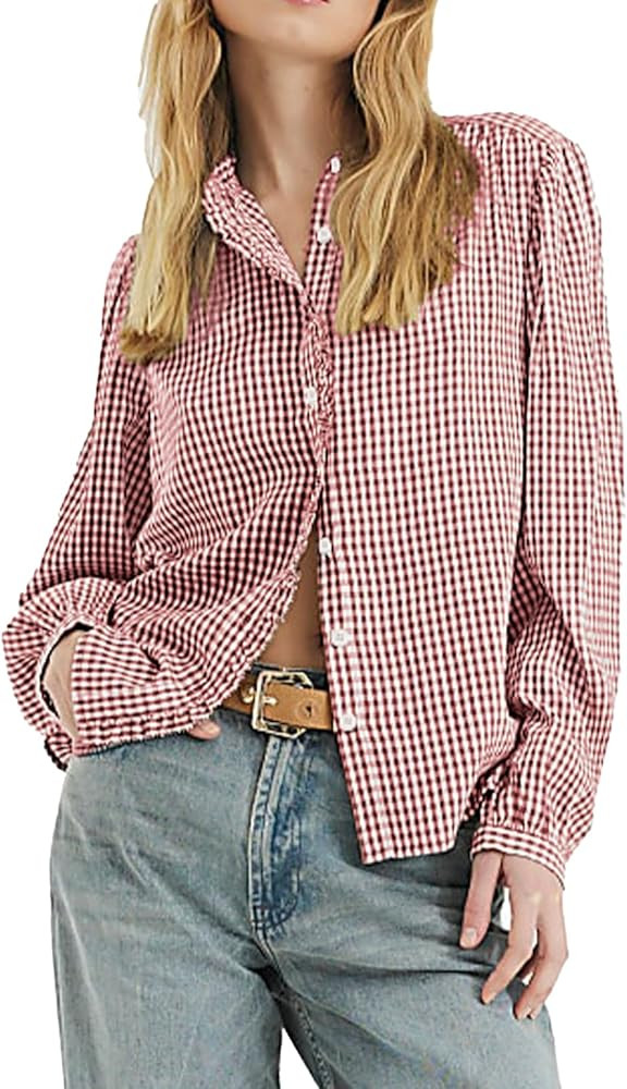 Women's Long Puff Sleeve Button Down Shirts Casual Loose Fit Cotton Blouses | Amazon (US)