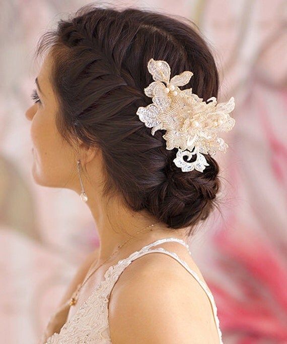 Floral Bridal lace headpiece, Bridal Fascinator, gold lace headpiece- ivory, gold-Isabella | Etsy (US)