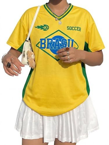 Soccer Cup 2026 Soccer Shirt for Women Mexico Jersey Brazil Jersey Y2k V Neck Short Sleeve Shirt Yellow | Amazon (US)