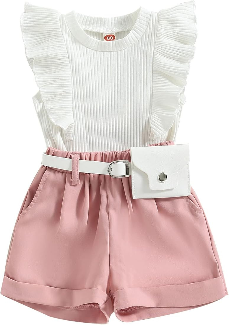 Kid Toddler Baby Girl Summer Outfits Ruffled Sleeveless Ribbed Tops Elastic Waist Shorts with Bel... | Amazon (US)