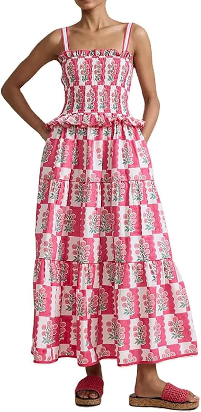 Women Summer Smocked Flowy Dress Spaghetti Strap Square Neck Floral Dress Ruffle Patchwork Boho A... | Amazon (US)